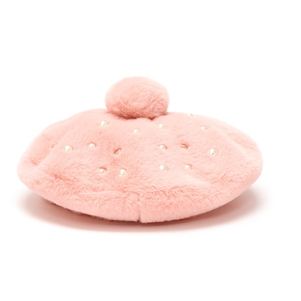 Pink Disney Store Girls Kids Princess Faux Fur Beret Hat M/L (7-10) 54 CM Pearls